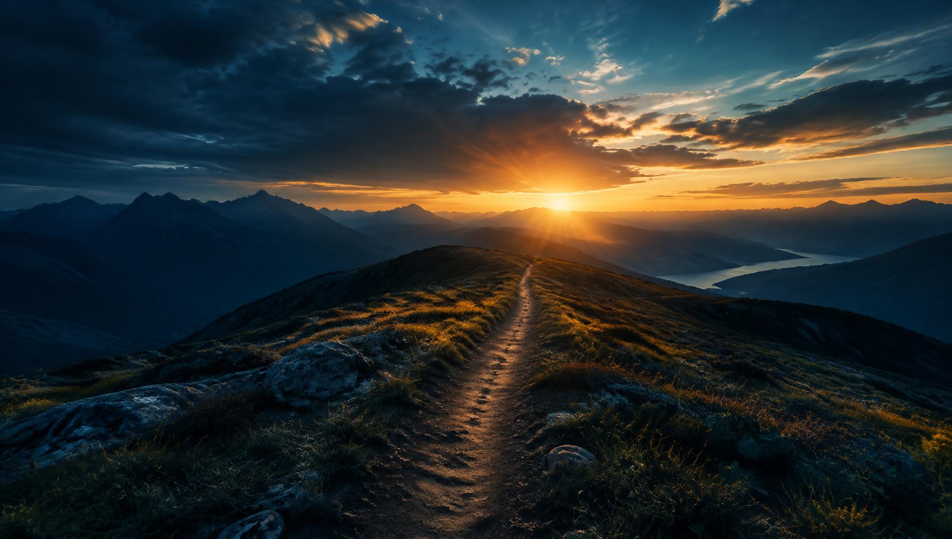 A mountain trail leading toward a glowing sunrise horizon
