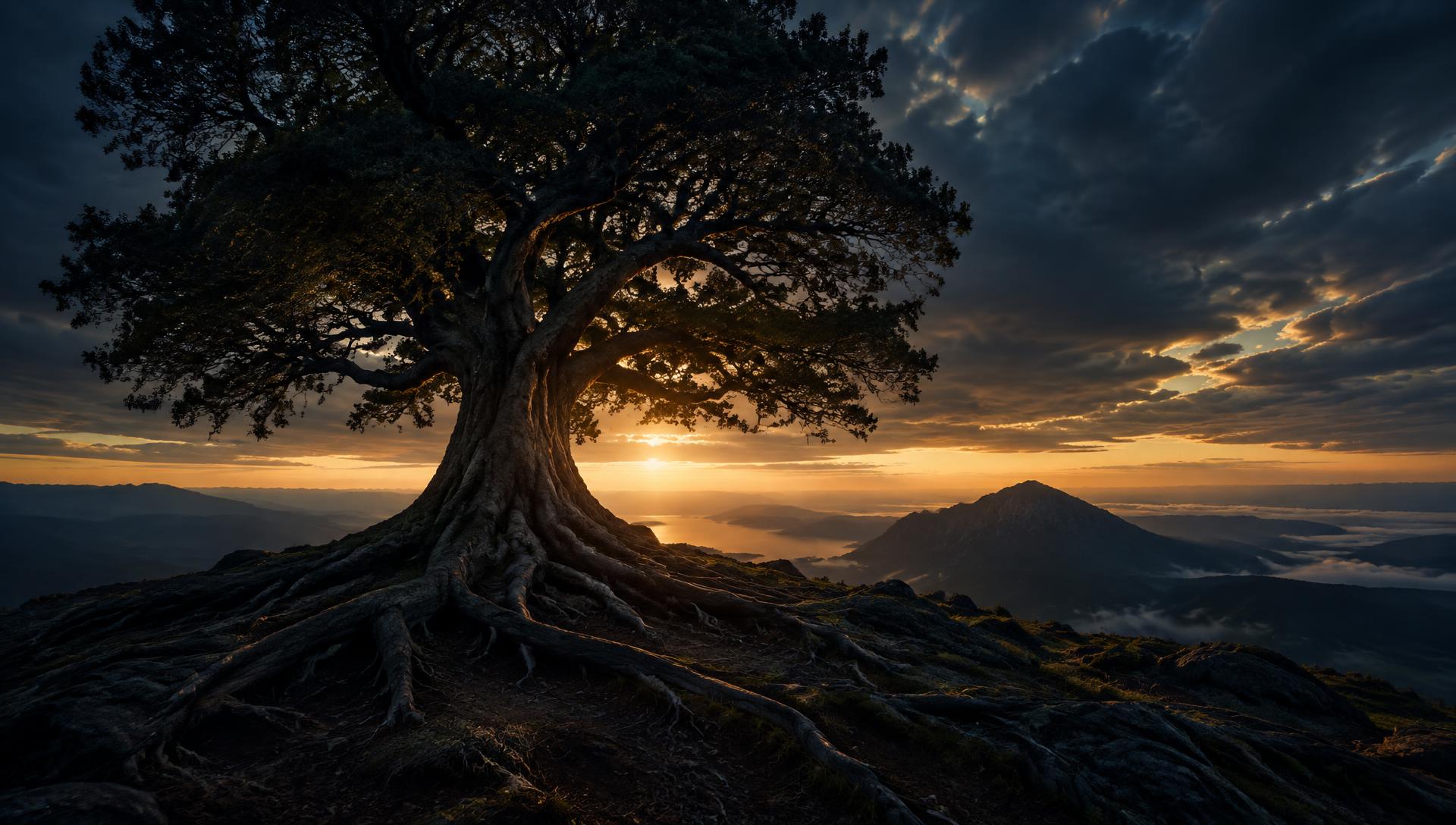 A strong tree with deep roots on a mountain ridge at dawn